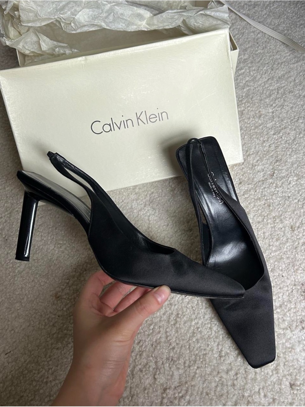 Calvin Klein Black Satin Slingback Pointed-Toe Heels